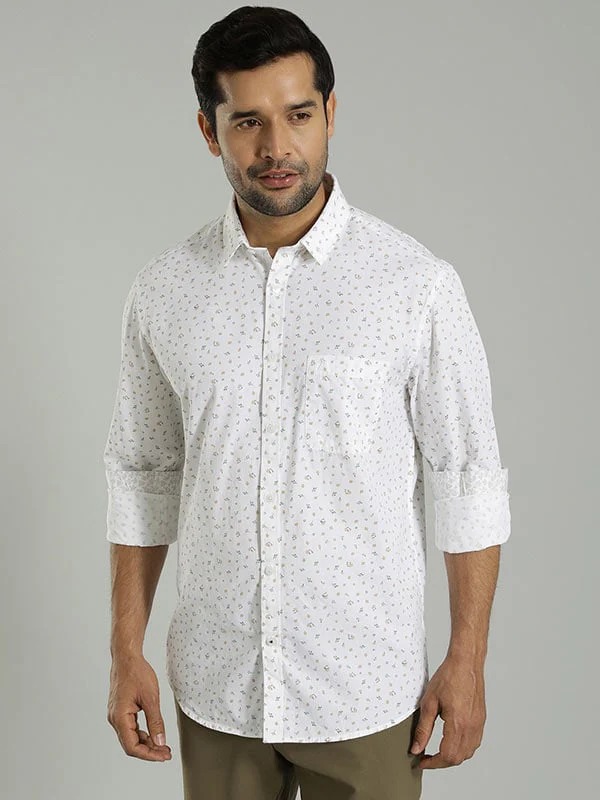 Indian Terrain Men's Regular Fit Full Sleeve All Over Print White Shirt